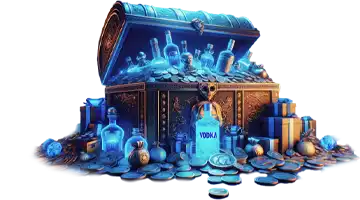 A treasure chest filled with coins and bottles of Vodka Gambling Platform, symbolizing the main tournament at Vodka Casino.