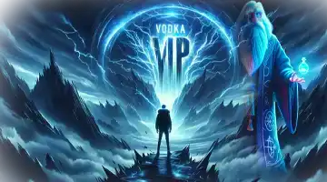 A magical VIP portal with a wizard, symbolizing the VIP transactions at Vodka Internet Casino.