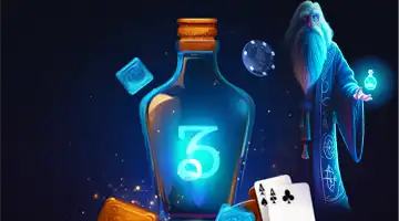 A glowing blue bottle and a wizard, representing the addition of new games at Vodka Internet Casino.