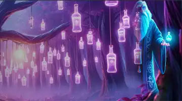 An image of a mystical forest with floating bottles, representing the cashback bonus at Vodka Internet Casino with a magical atmosphere.